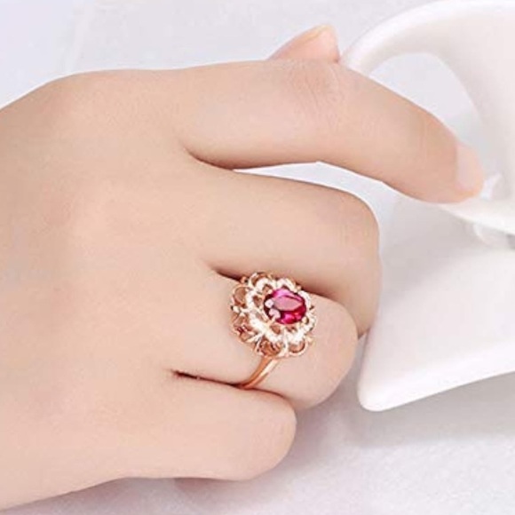 18k Rose Gold Plated Colorful Gemstone Ring Crystal Ruby inlaid Halo Design - Picture 5 of 7